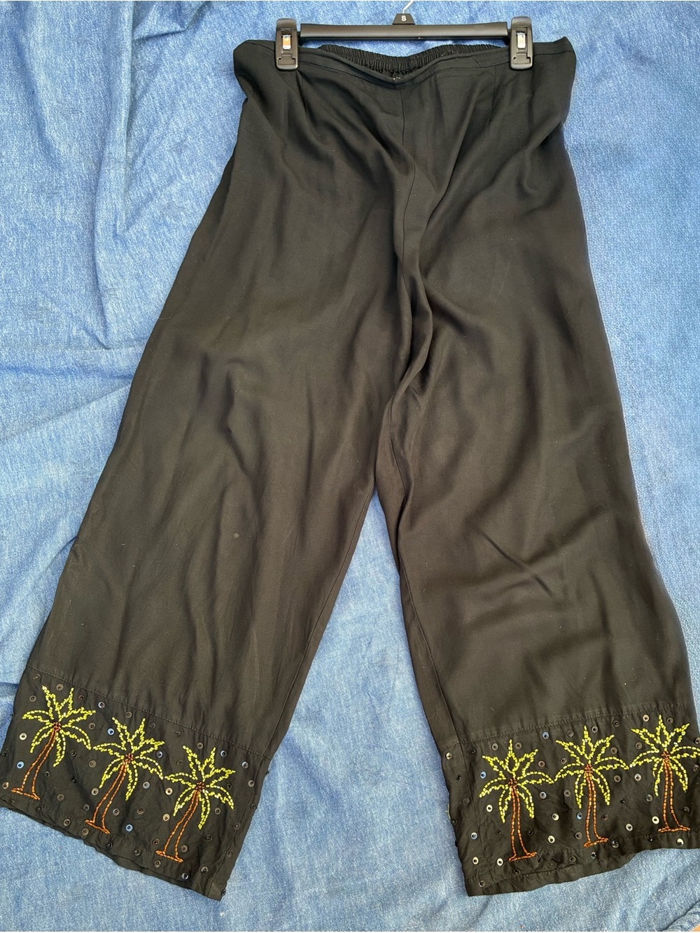 Black Wide-Leg Palm Embroidered Casual Pants